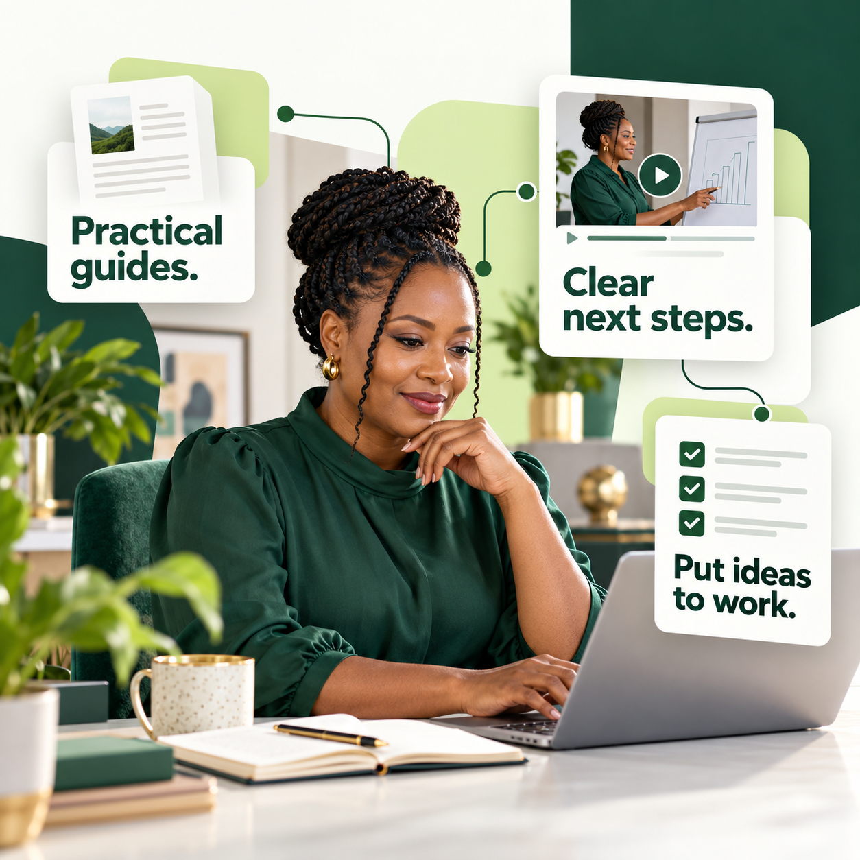 Nigerian business professional applying practical resources at her laptop, surrounded by guides, video lessons and checklist cards: Practical guides, Clear next steps, Put ideas to work.
