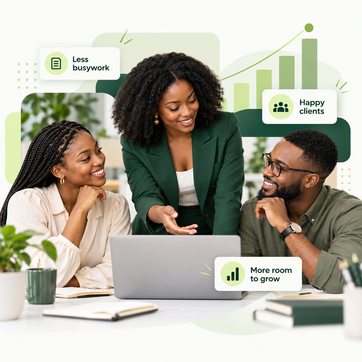 Nigerian businesswoman consulting with happy clients, framed by green growth charts and highlights for less busywork, happy clients and more room to grow.