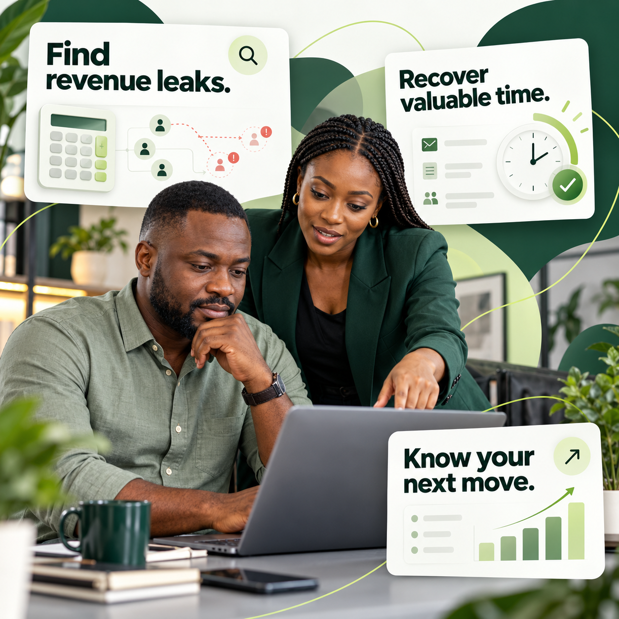 Nigerian business professionals reviewing opportunities at a laptop, with calculator, clock and chart cards highlighting Find revenue leaks, Recover valuable time and Know your next move.